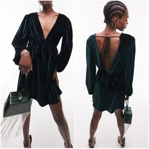 Top Shop Green Velvet V-Neck Long Sleeve Mini Dress